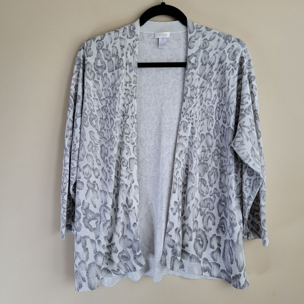 Chicos Womens Cardigan Sweater Size XL Silver Metallic Leopard Print Open Front